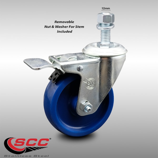 Service Caster 4 Inch SS Solid Polyurethane 12mm Threaded Stem Caster with Total Lock Brake SCC-SSTSTTL20S414-SPUS-M1215 - main